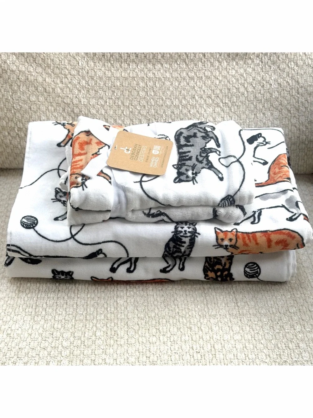 Deborah Connolly 4pc Cat Print Bath & Hand Towel Set White Orange Decor Gift NWT